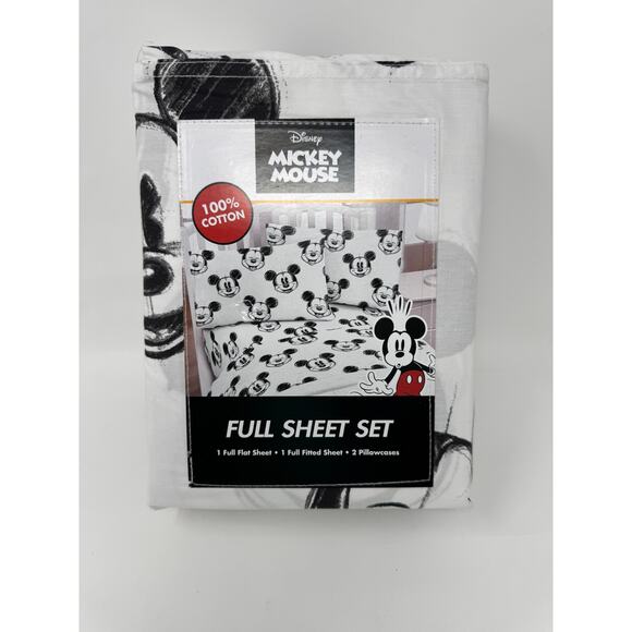 Disney Sketchbook Mickey Mouse Full Sheet Set 100% Cotton 4pc Black & White NEW - Picture 1 of 2